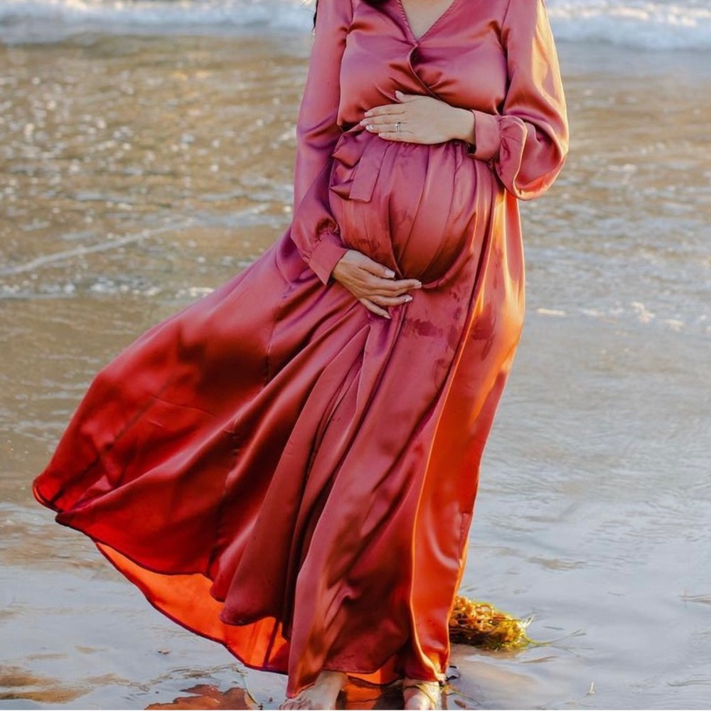 Rust maxi faux wrap dress.